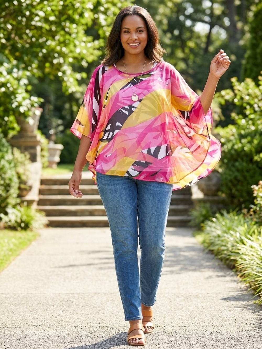 Ruby Rd Tropical Abstract Flutter Sleeve Layered Poncho Top Tank Size M